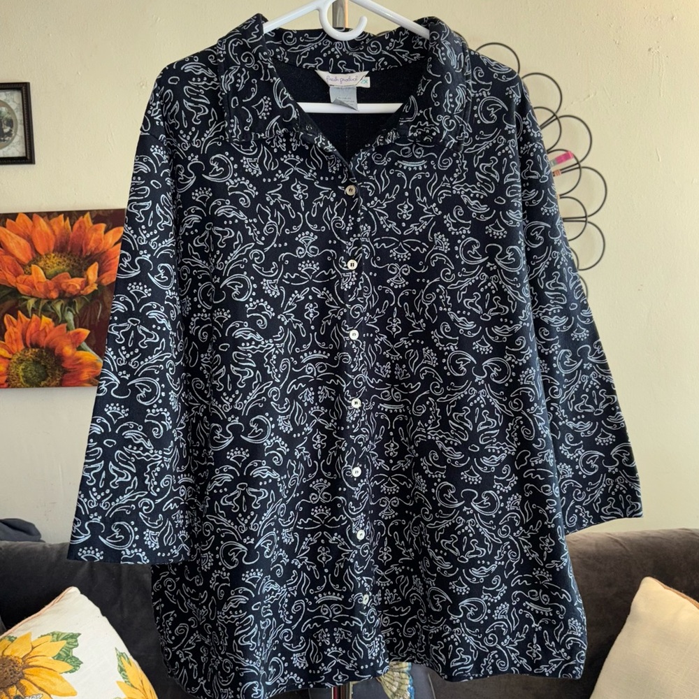 Fresh Produce Blue Paisley Print Button Front Shirt 3/4 Sleeve Plus Size 2X
